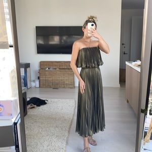 Anthropologie two piece silk green gold metallic dress set $195 sz 4